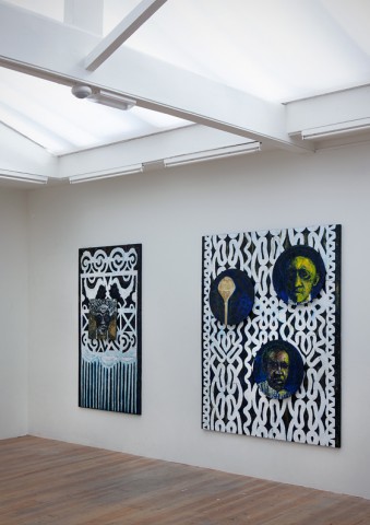Iris Kensmil, Saramacca Door (left) and  Akan Chief (right), 2012, mixed media on canvas.