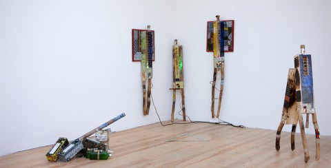 Serge Attukwei Clottey, Seen in a Different Light, 2012, wood, alluminum, lamps.